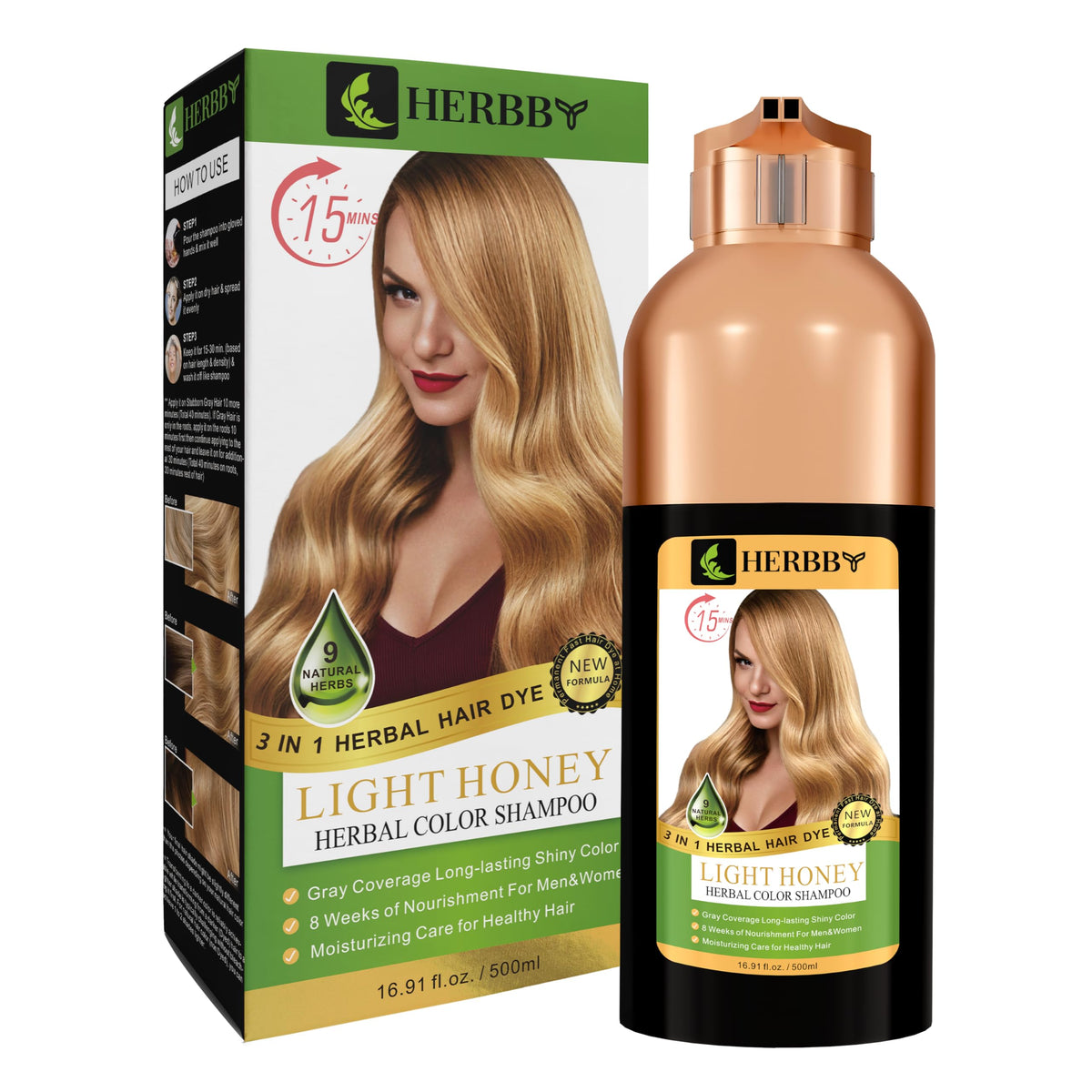 HERBBY Hair Color Shampoo 500ml in a bathroom setting