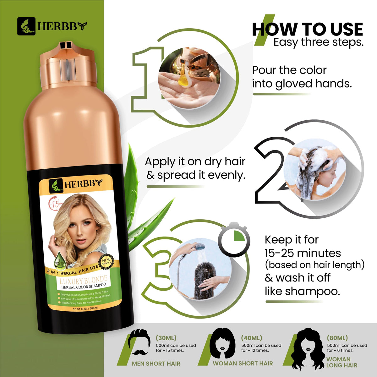 HERBBY Hair Color Shampoo showing gloves included