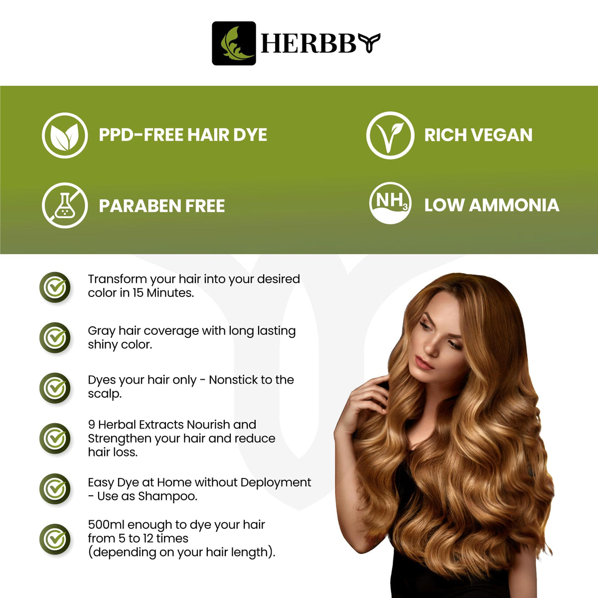 HERBBY Hair Colour Shampoo 500ml with herbal extracts