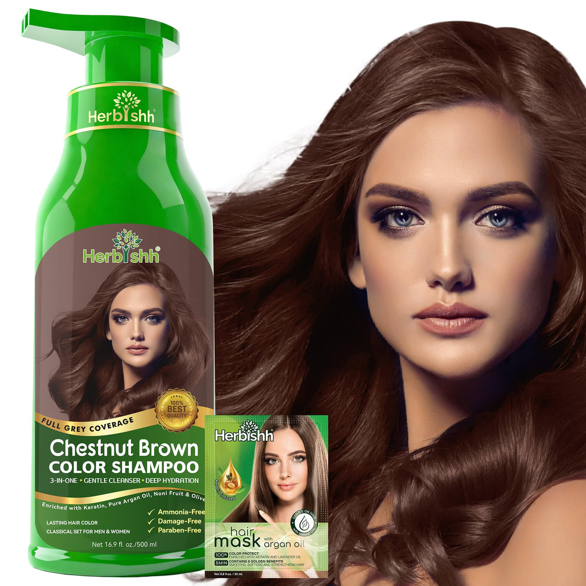 Herbishh Chestnut Brown Hair Colour Shampoo 500ml front view