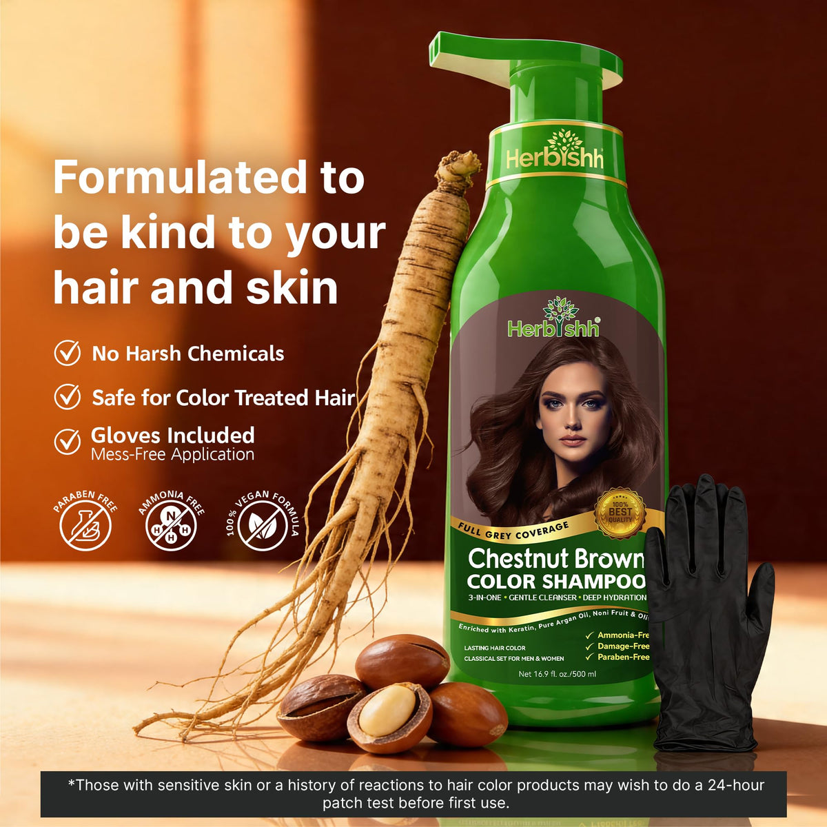 Herbishh Chestnut Brown Hair Colour Shampoo 500ml with ingredients displayed