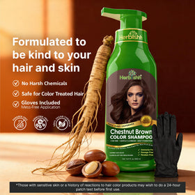 Herbishh Chestnut Brown Hair Colour Shampoo 500ml with ingredients displayed