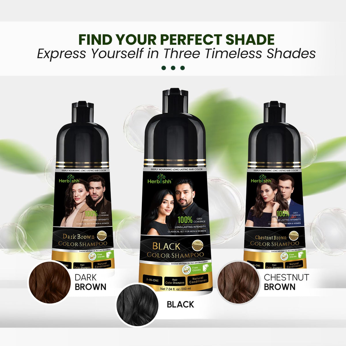 Herbishh Chestnut Brown Hair Dye Shampoo 200ml on a bathroom shelf