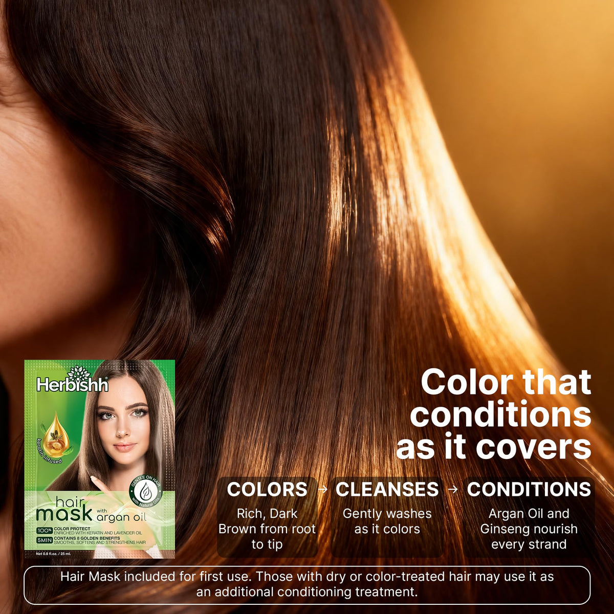 Herbishh Dark Brown Hair Color Shampoo in bathroom setting