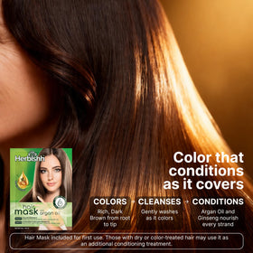 Herbishh Dark Brown Hair Color Shampoo in bathroom setting