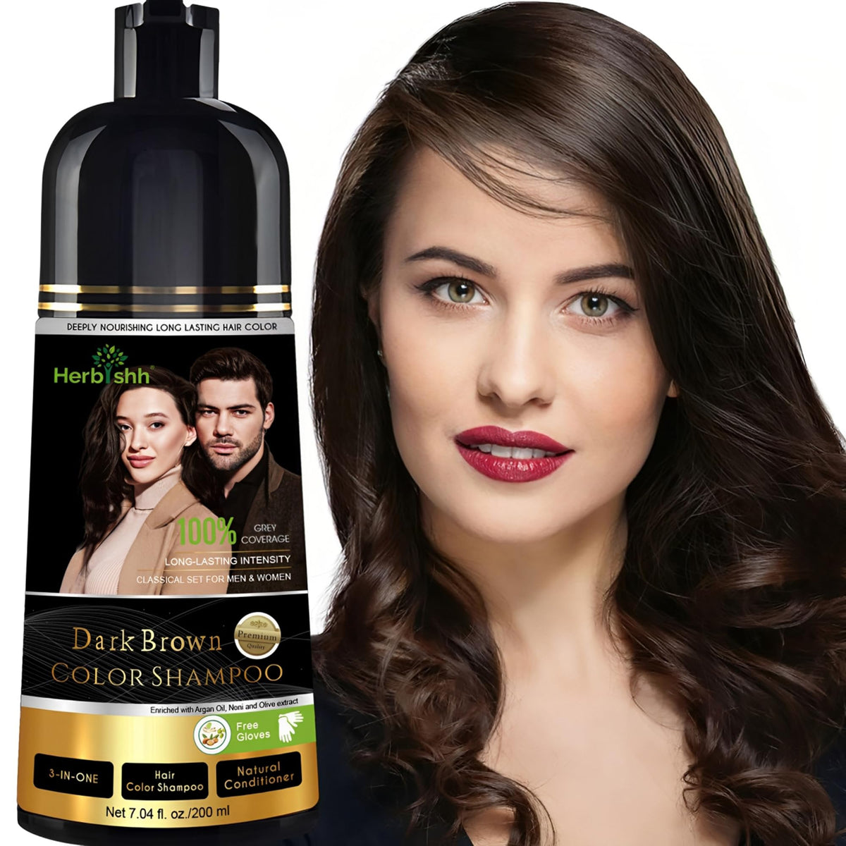 Herbishh Dark Brown Hair Dye Shampoo 200 ml front view
