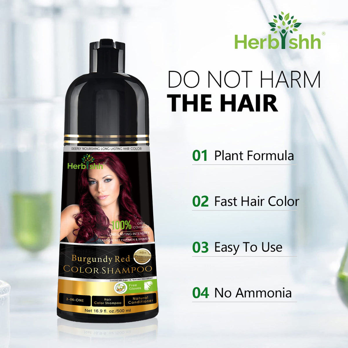Herbishh shampoo bottle with vibrant hair