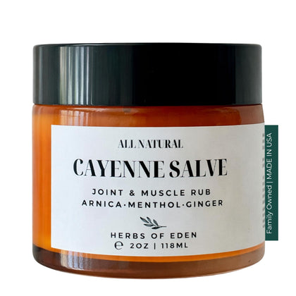 Herbs of Eden Organic Cayenne Arnica Salve front view in glass jar