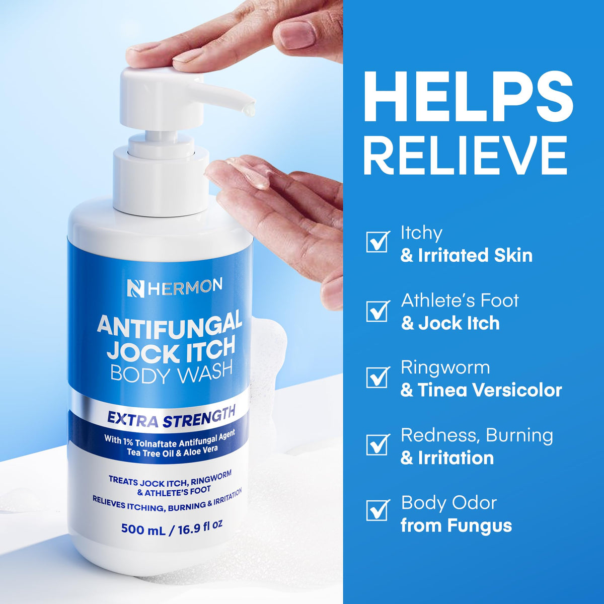 Hermon Antifungal Body Wash in a bathroom setting