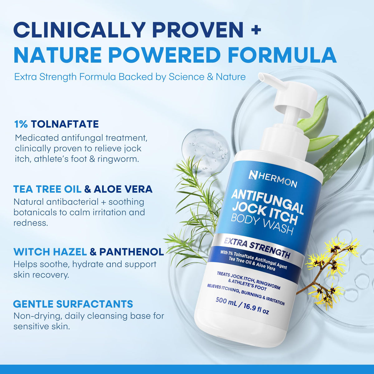 Hermon Antifungal Body Wash with a towel and soap dish