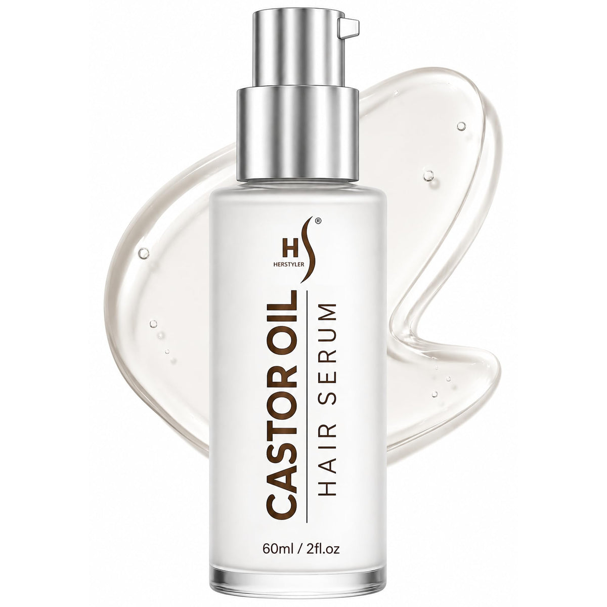 HerStyler Castor Oil Hair Serum front view with 2 Fl Oz label