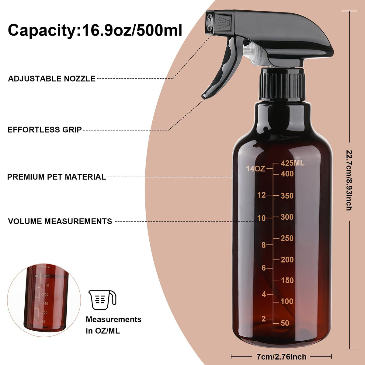 Hethyo 16.9oz spray bottle side view showing scale markings