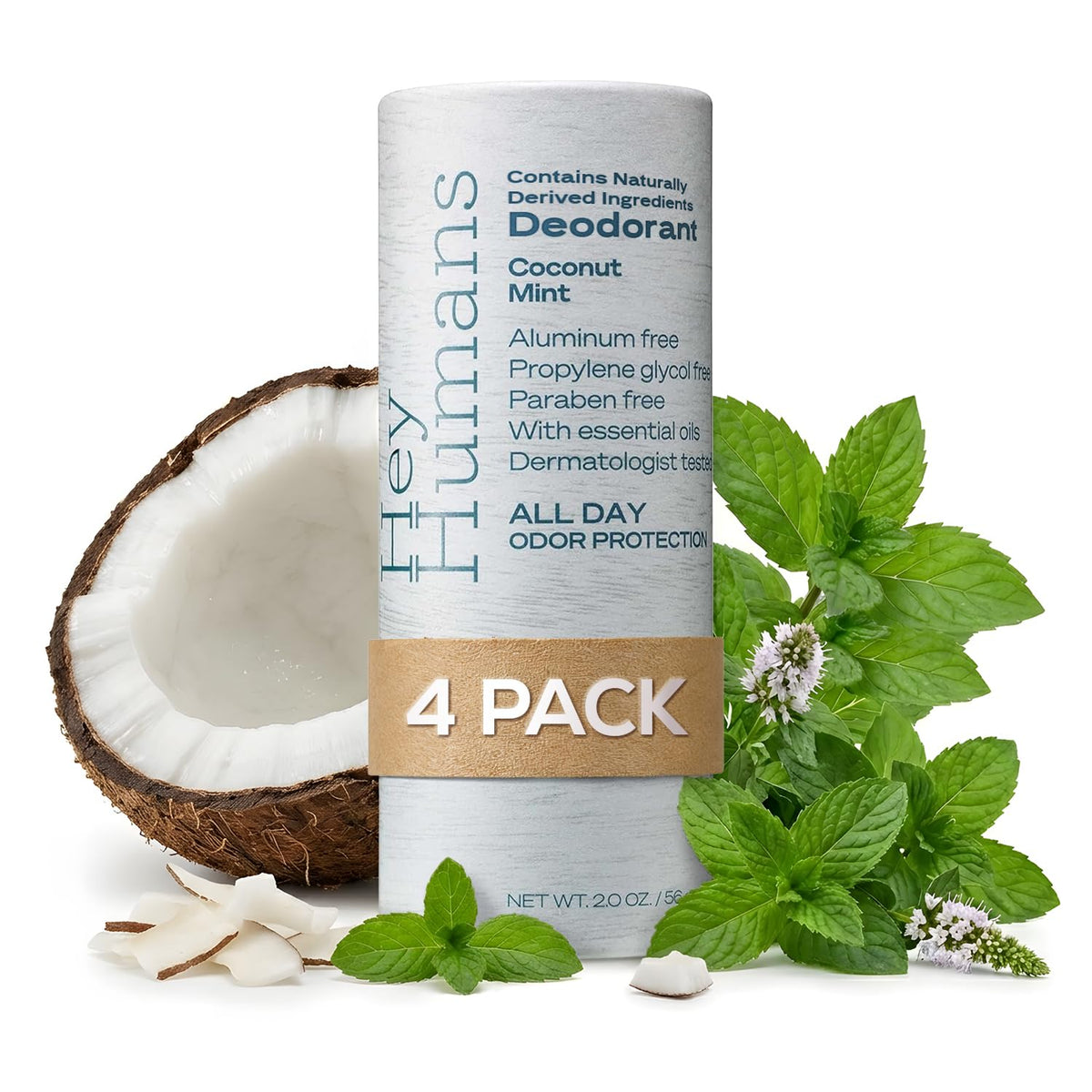 HEY HUMANS Coconut Mint Deodorant front view with eco-friendly packaging