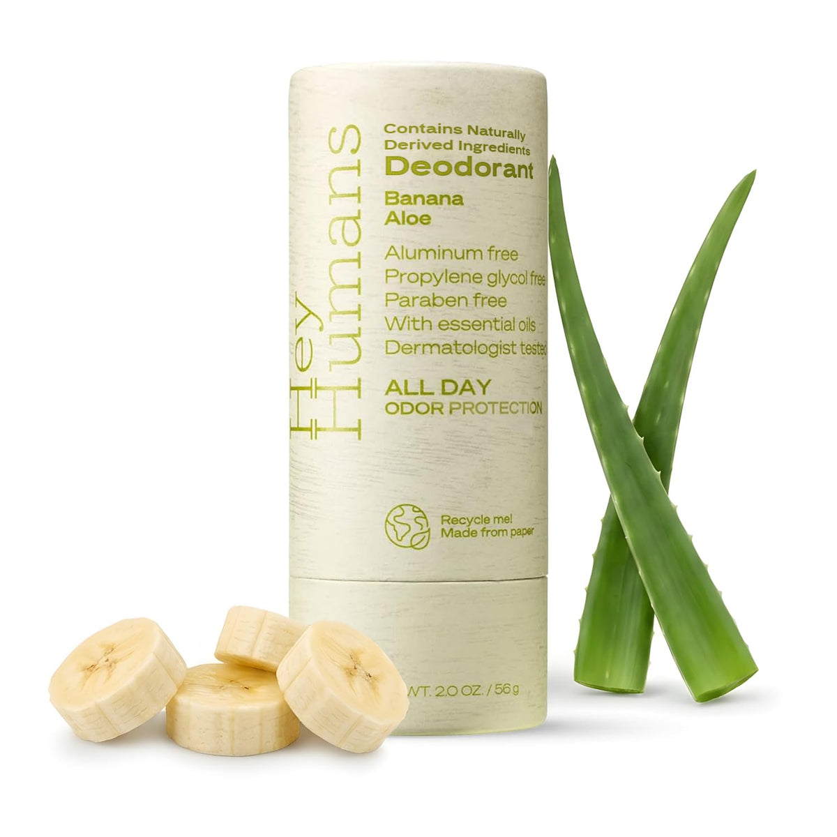 HEY HUMANS Deodorant Banana Aloe front view packaging