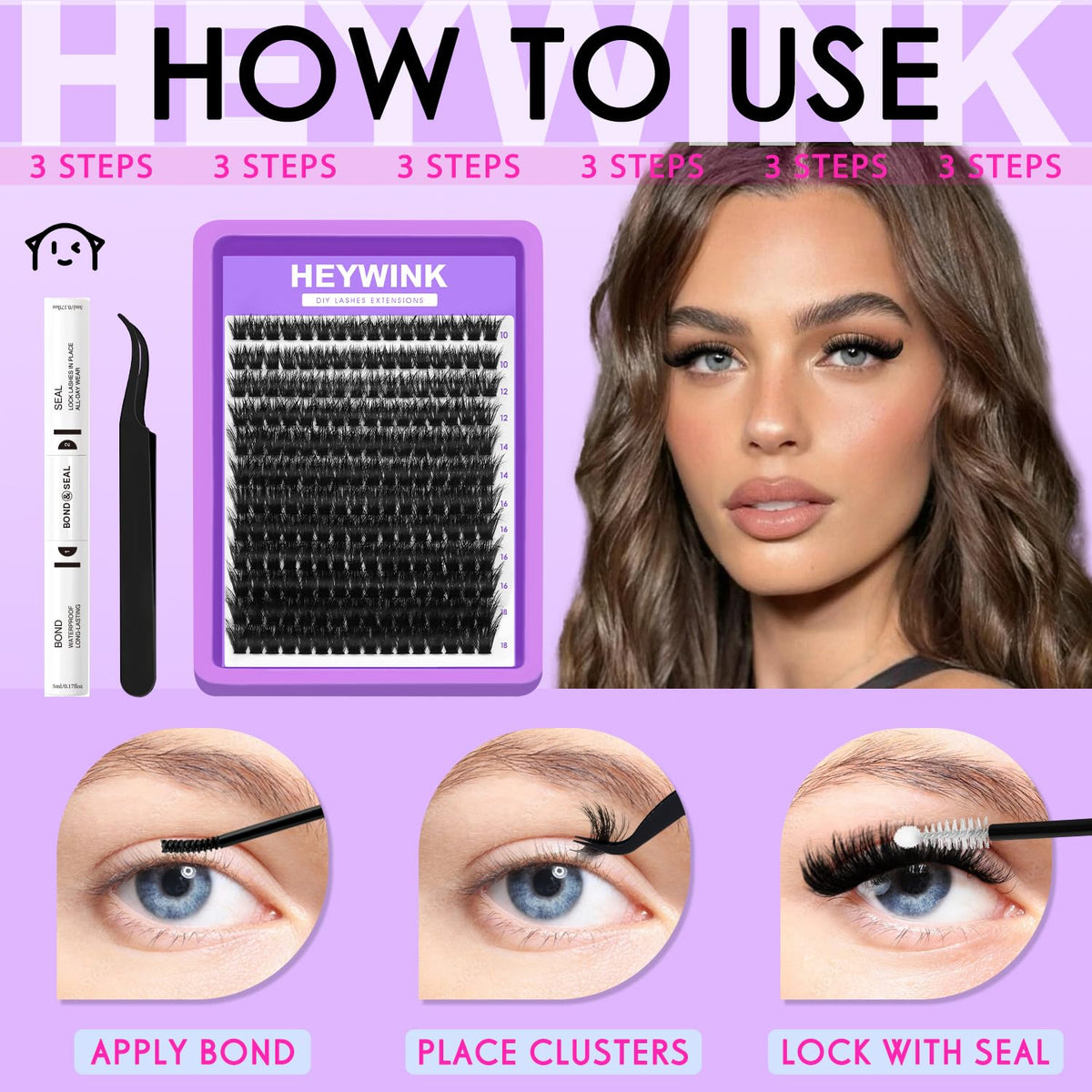 HEYWINK Lash Clusters Kit 100D with lashes applied on model