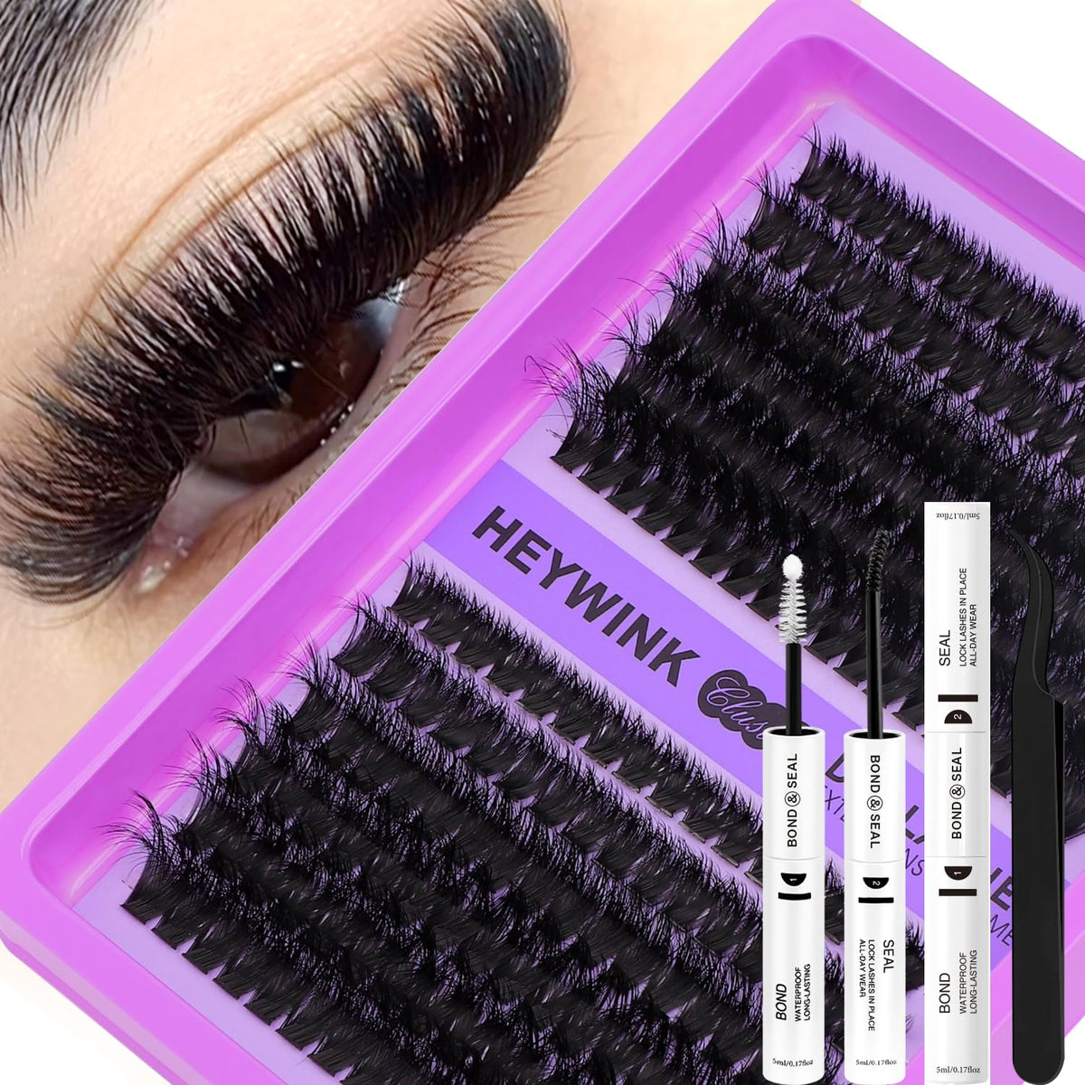 HEYWINK Lash Clusters Kit 80D+100D front view with assorted lash lengths