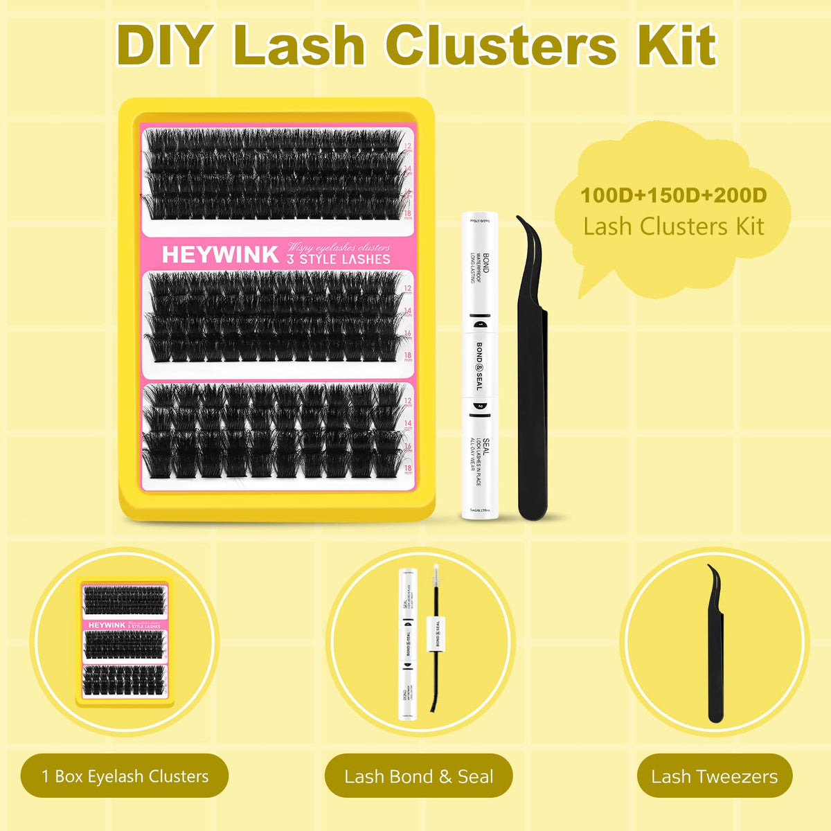 HEYWINK Lash Clusters Kit showing 60D lash clusters