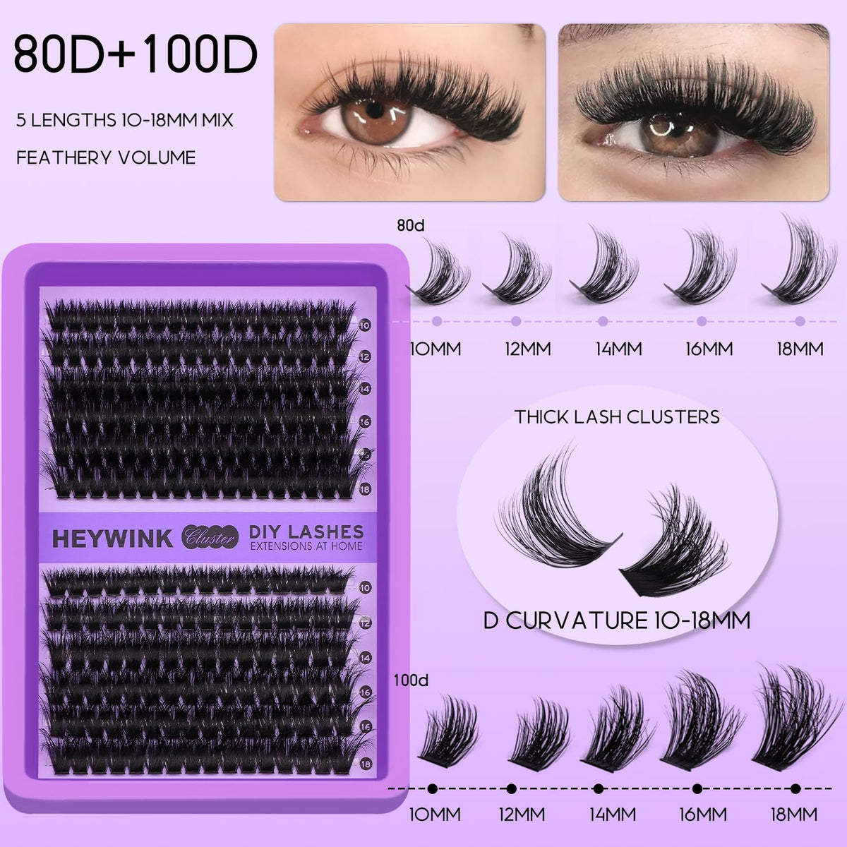 HEYWINK Lash Clusters Kit showing D curl design close-up