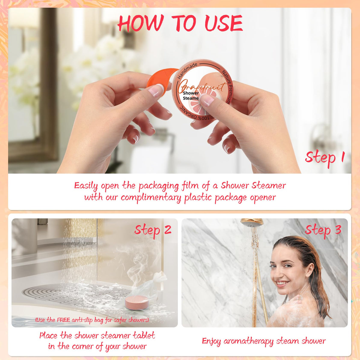 HFHO Shower Steamer in Watermelon scent in a shower setting