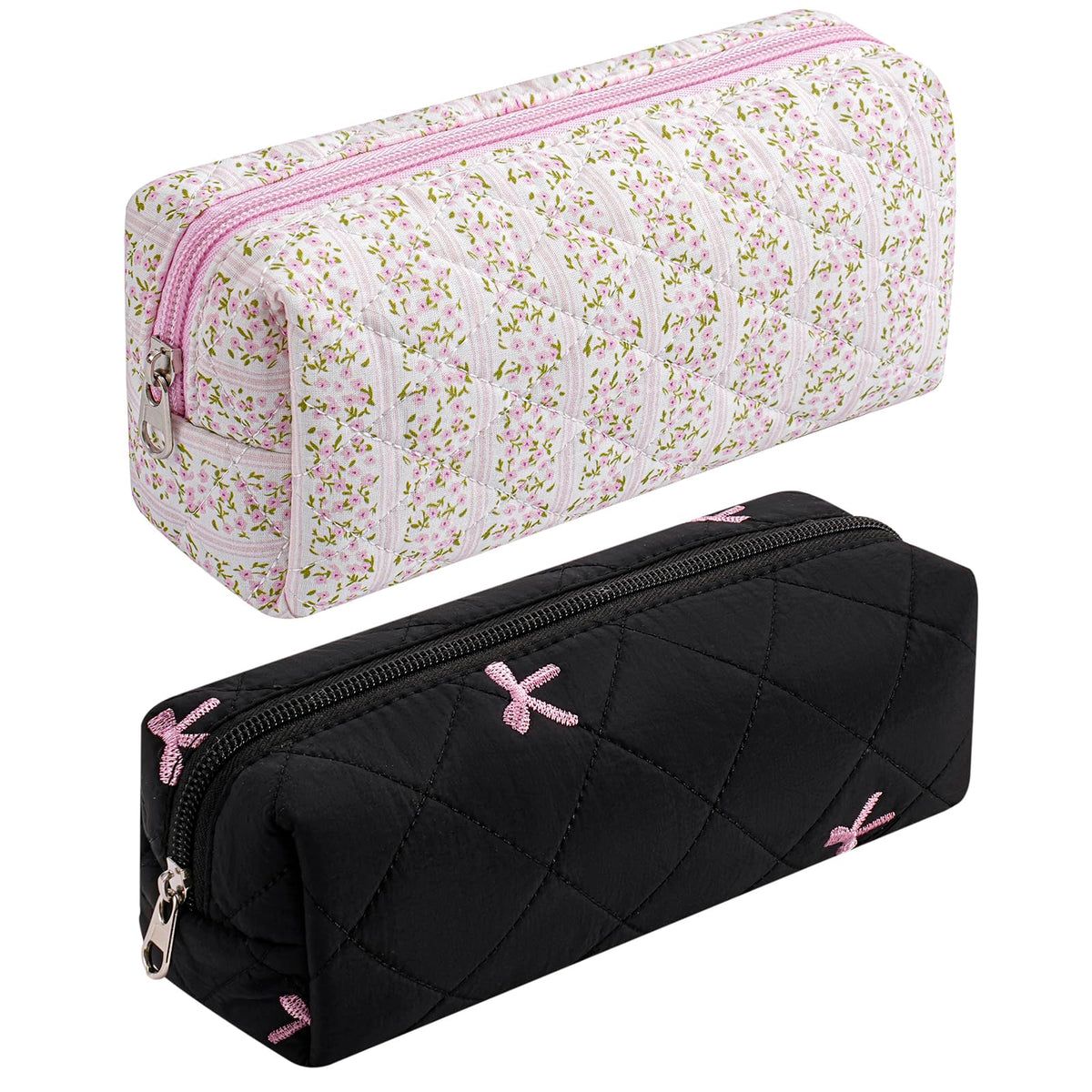 HHQQWZ Cute Floral Cotton Makeup Brush Bag front view in pink and black