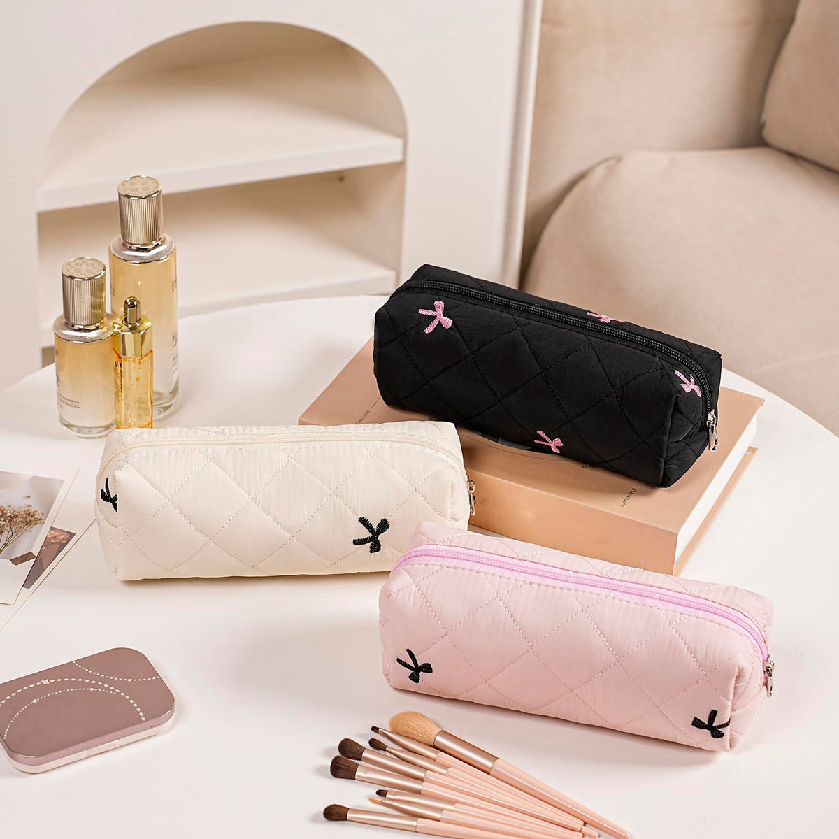 HHQQWZ Floral Cotton Makeup Bag on a travel suitcase