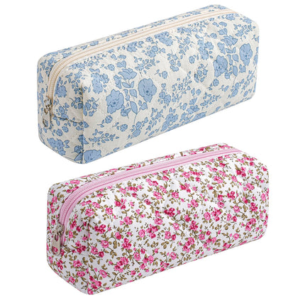 HHQQWZ Floral Cotton Makeup Brush Bag front view, Blue+Red