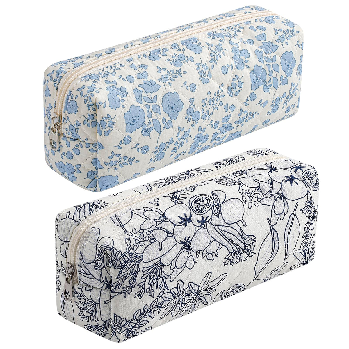 HHQQWZ Floral Cotton Makeup Brush Bag front view in blue