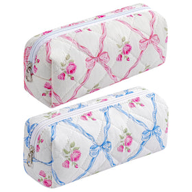 HHQQWZ Floral Cotton Makeup Brush Bag front view in pink and blue