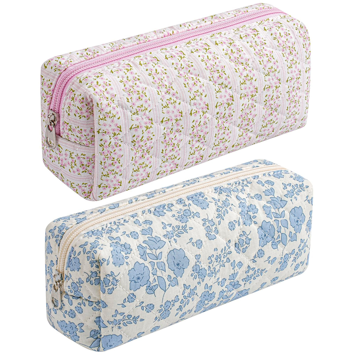 HHQQWZ Floral Cotton Makeup Brush Bag front view with pink and blue flowers