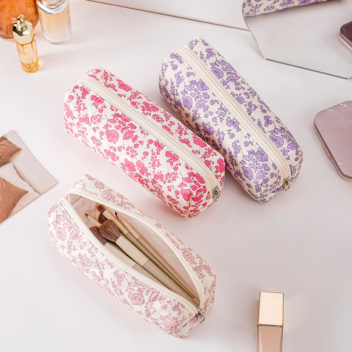 HHQQWZ Makeup Bag displayed with travel essentials