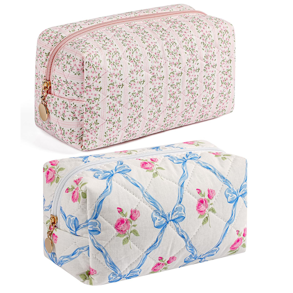 HHQQWZ Makeup Bag front view in pink and blue with floral design