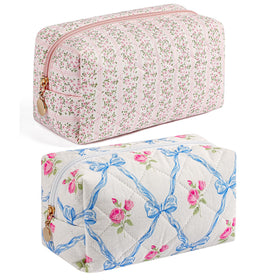 HHQQWZ Makeup Bag front view in pink and blue with floral design