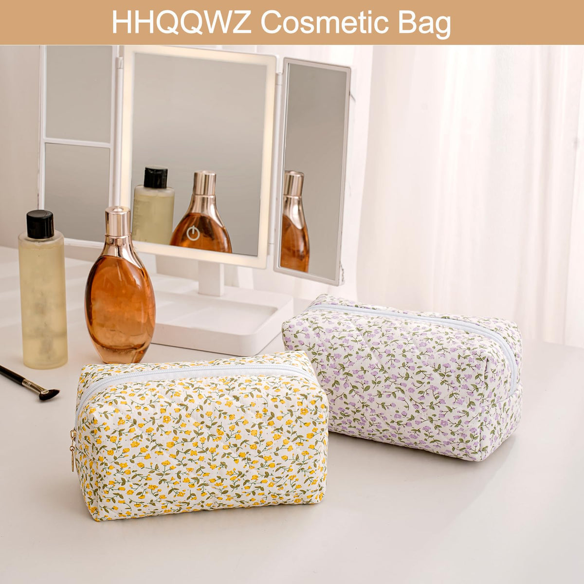HHQQWZ Makeup Bag in a travel setting with suitcase