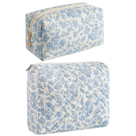HHQQWZ Makeup Bag Travel Cosmetic Bag Blue Floral Front View