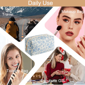 HHQQWZ Makeup Bag Travel Cosmetic Bag Blue Floral with Accessories
