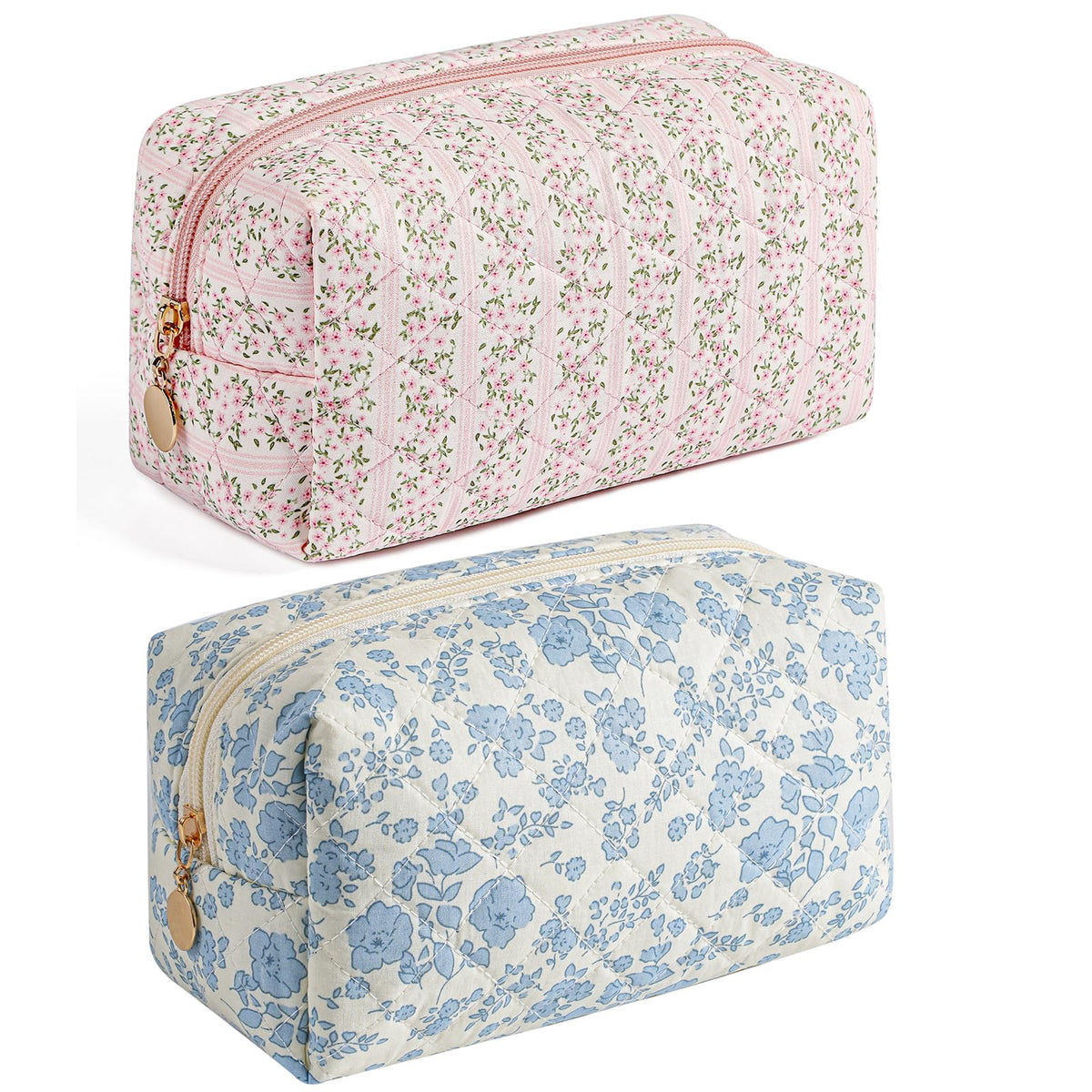 HHQQWZ Makeup Travel Cosmetic Bag Set in pink and blue floral design