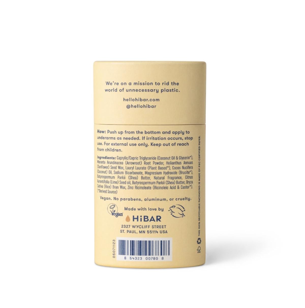 HIBAR Coconut & Vanilla Deodorant held in hand to show size and design