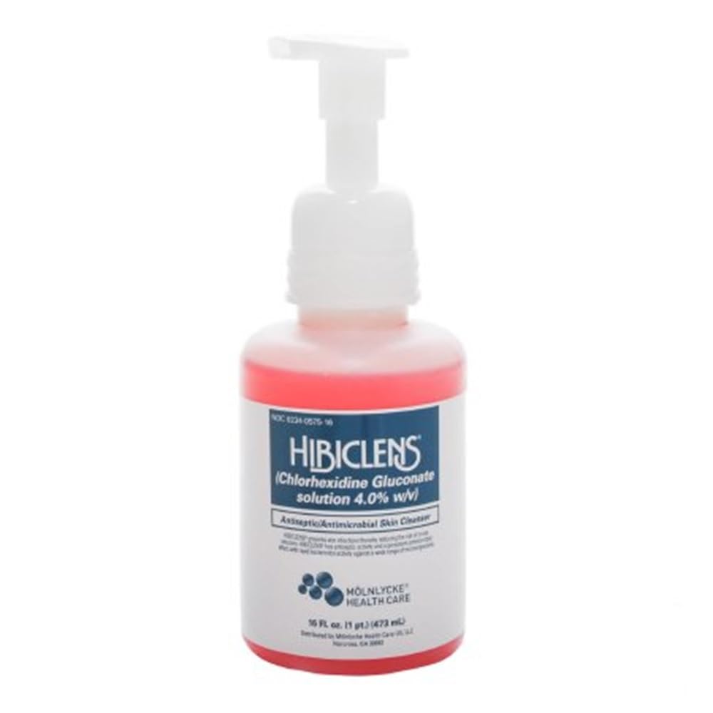 Hibiclens Antimicrobial Skin Liquid Soap 16oz side view with foaming pump