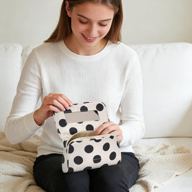 Hibilog makeup bag showing built-in mirror on the flap