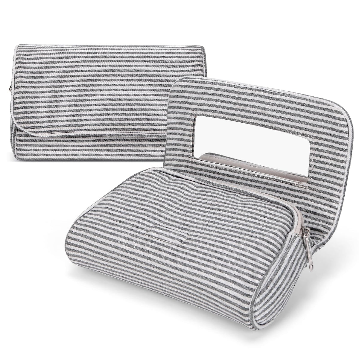 Hibilog Women’s Cute Nylon Makeup Bag front view in grey stripe