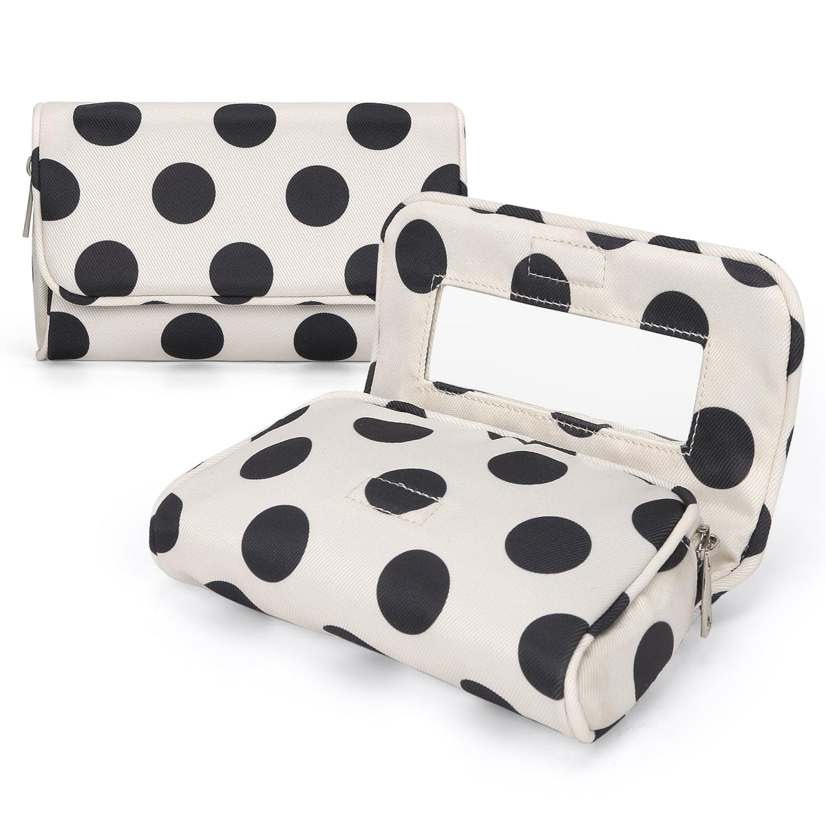 Hibilog Women’s Cute Nylon Makeup Bag front view in white polka design
