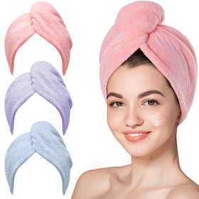 Hicober Microfiber Hair Towel Wrap 3-Pack in pink, blue, and purple