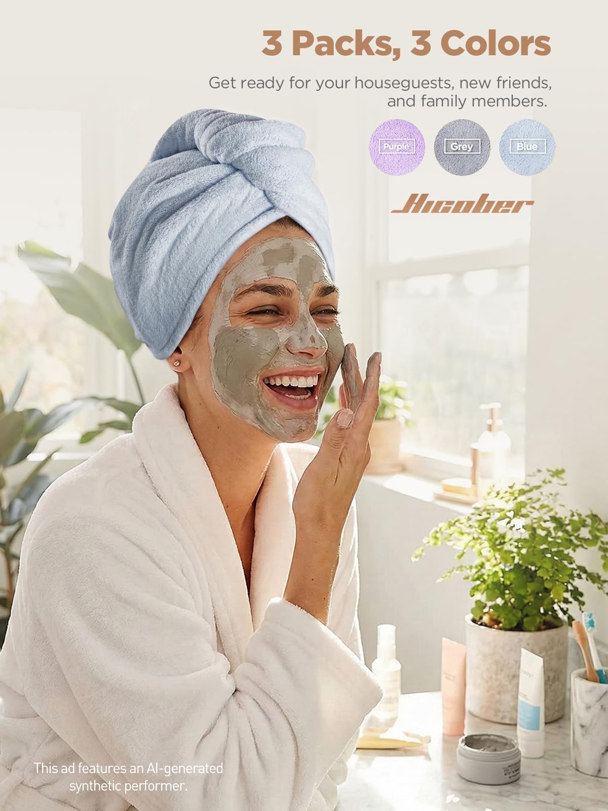 Hicober Microfiber Hair Towel Wrap displayed on a bathroom counter