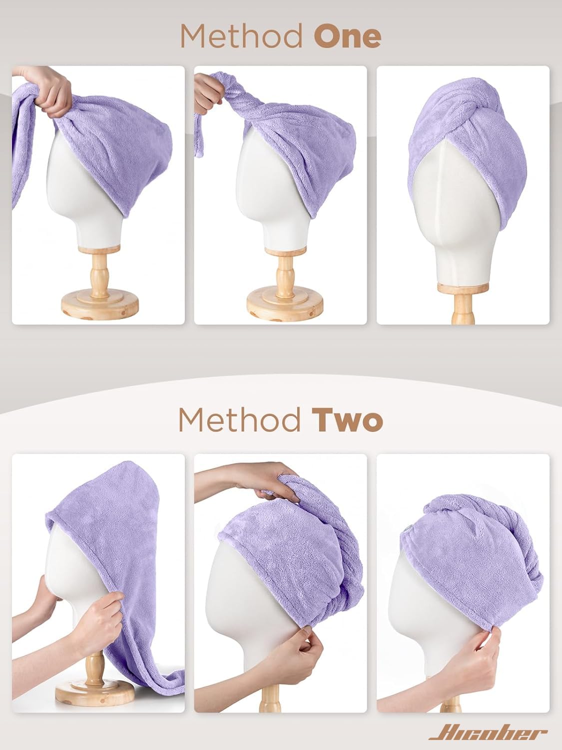 Hicober Microfiber Hair Towel Wrap hanging on a hook