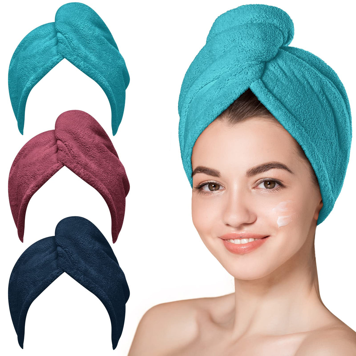 Hicober Microfiber Hair Towel Wrap in Plum Navy Aqua Green, front view