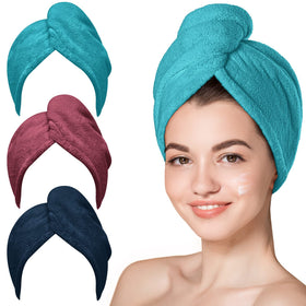 Hicober Microfiber Hair Towel Wrap in Plum Navy Aqua Green, front view