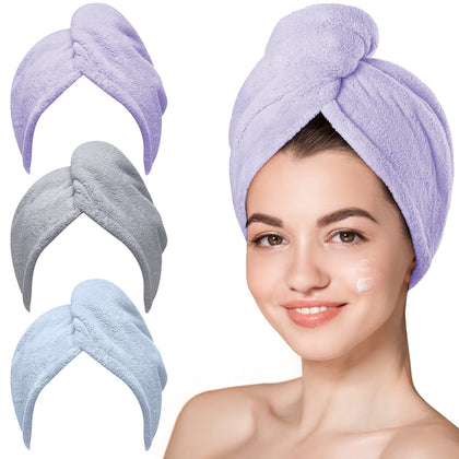 Hicober Microfiber Hair Towel Wrap in purple, blue, and grey, front view