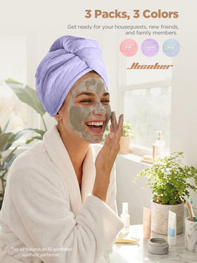 Hicober Microfiber Hair Towel Wrap stacked in a bathroom setting