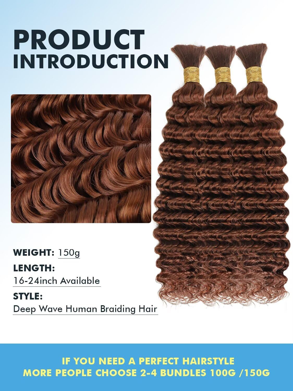 Highlight Human Braiding Hair 150g 18 Inch Auburn Brown curly texture