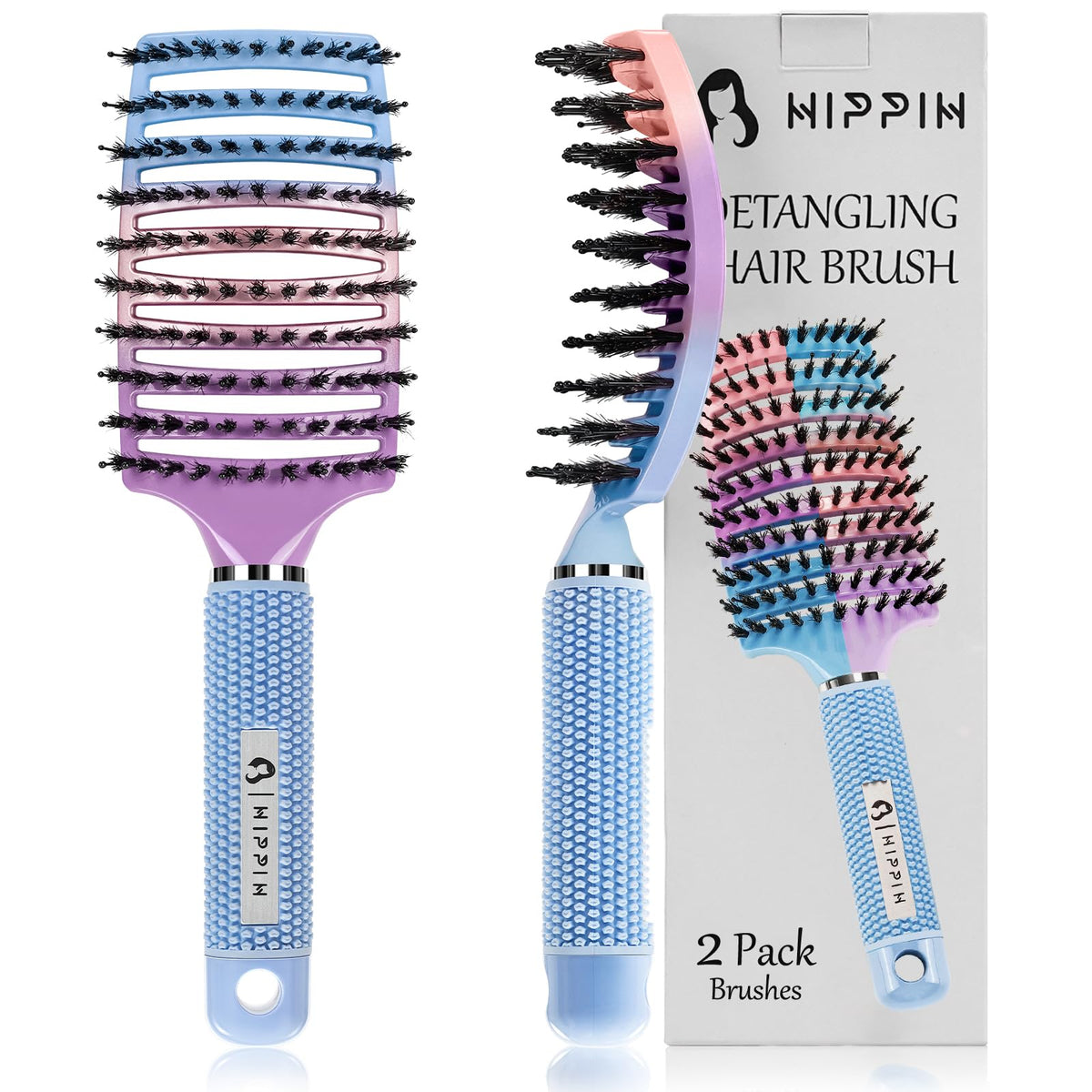 HIPPIH Boar Bristle Hair Brush Set of 2 front view